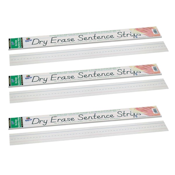 Dry Erase Sentence Strips, White, Ruled, 3x24in, PK90